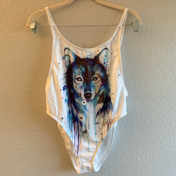 Wolf Pictured White Swimsuit - Picture 2 of 9